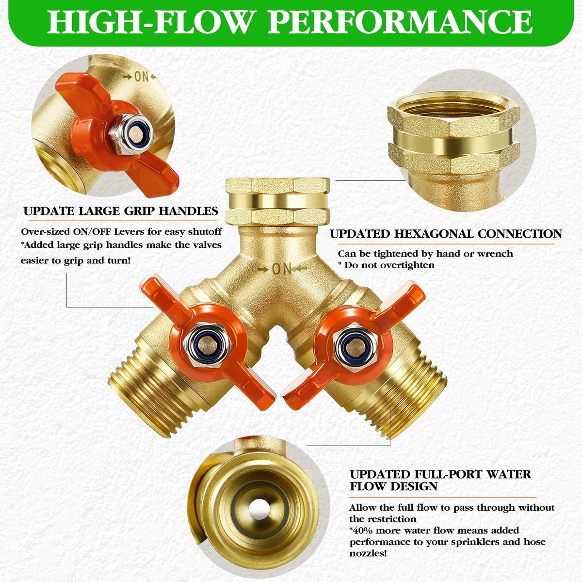 IPOW brass 2-way y-valve outlets enabling independent water control