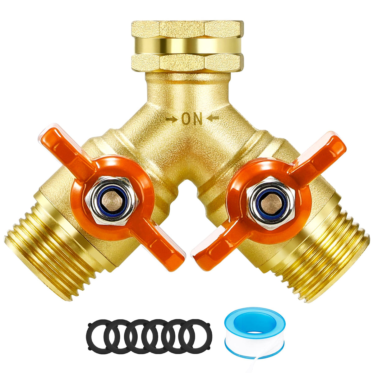 IPOW full-port hose splitter showing high-flow chamber and dual outlets for two hoses