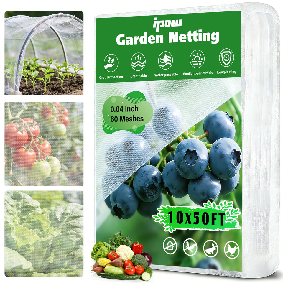 IPOW ultra-fine garden mesh netting over raised bed for pest protection and airflow.