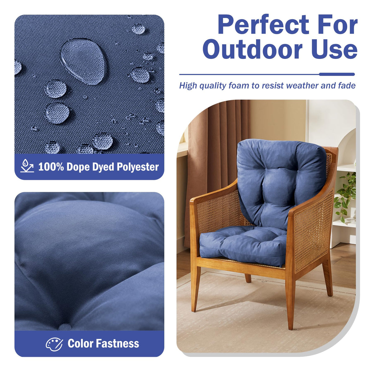 IPYNBAP navy cushions side view showing secure ties for slip free outdoor use