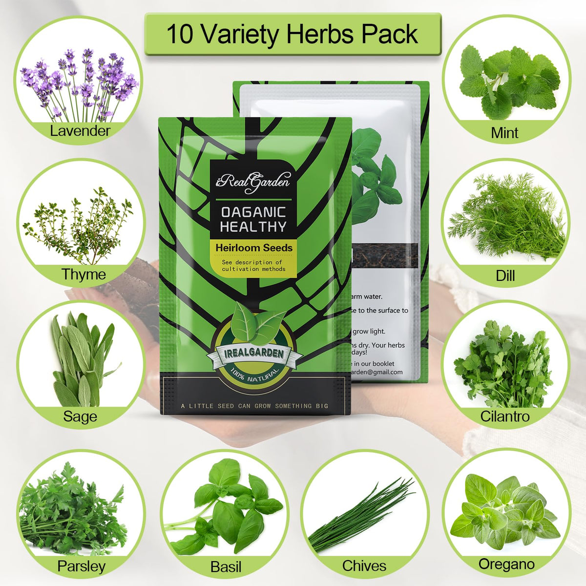 iRealgarden 10 herbs selection close-up featuring basil parsley cilantro and more