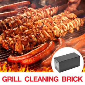 Irenare flat-top cleaning brick on a stainless steel griddle.