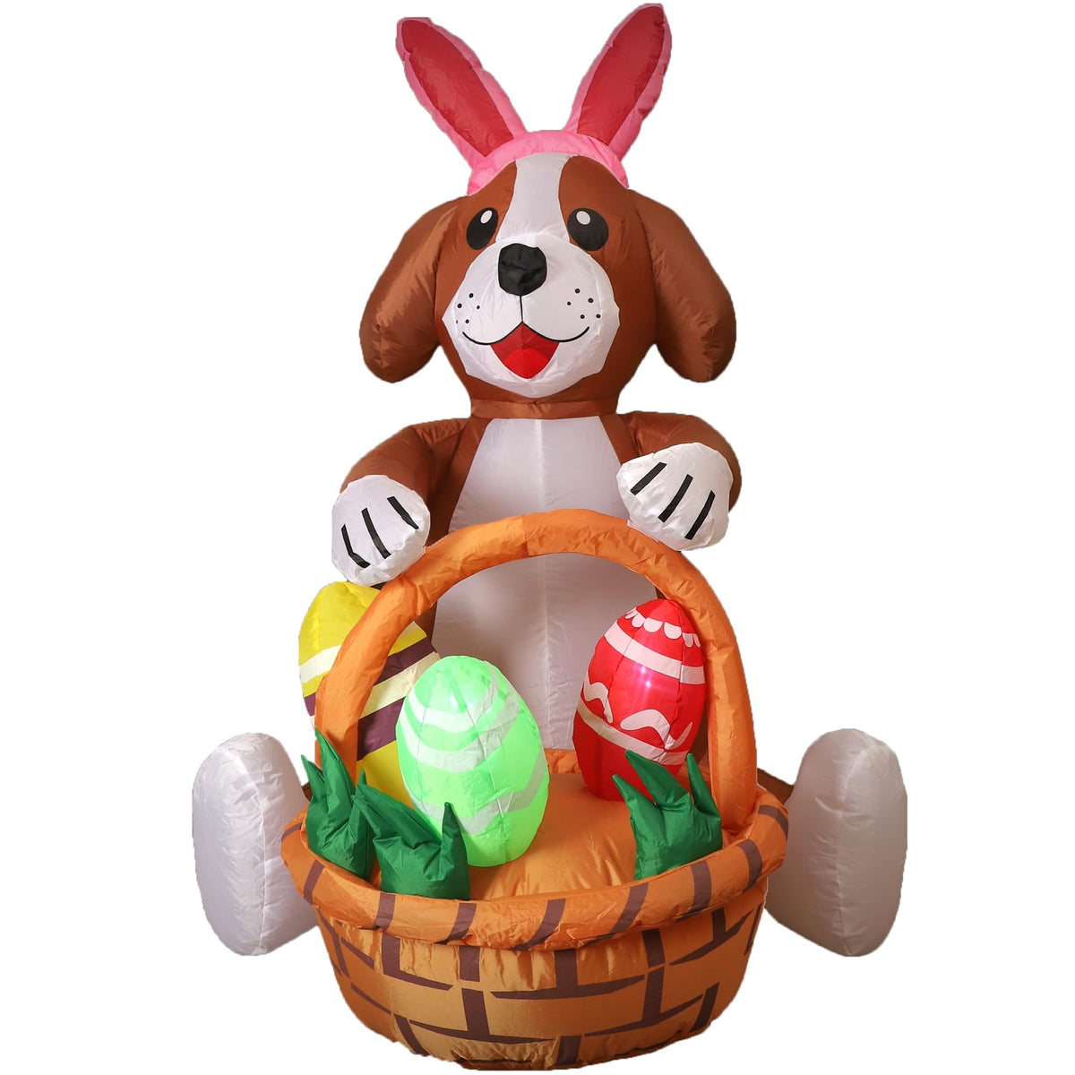 IRETG Easter inflatable dog with bunny ears lights up nighttime Easter scenes.