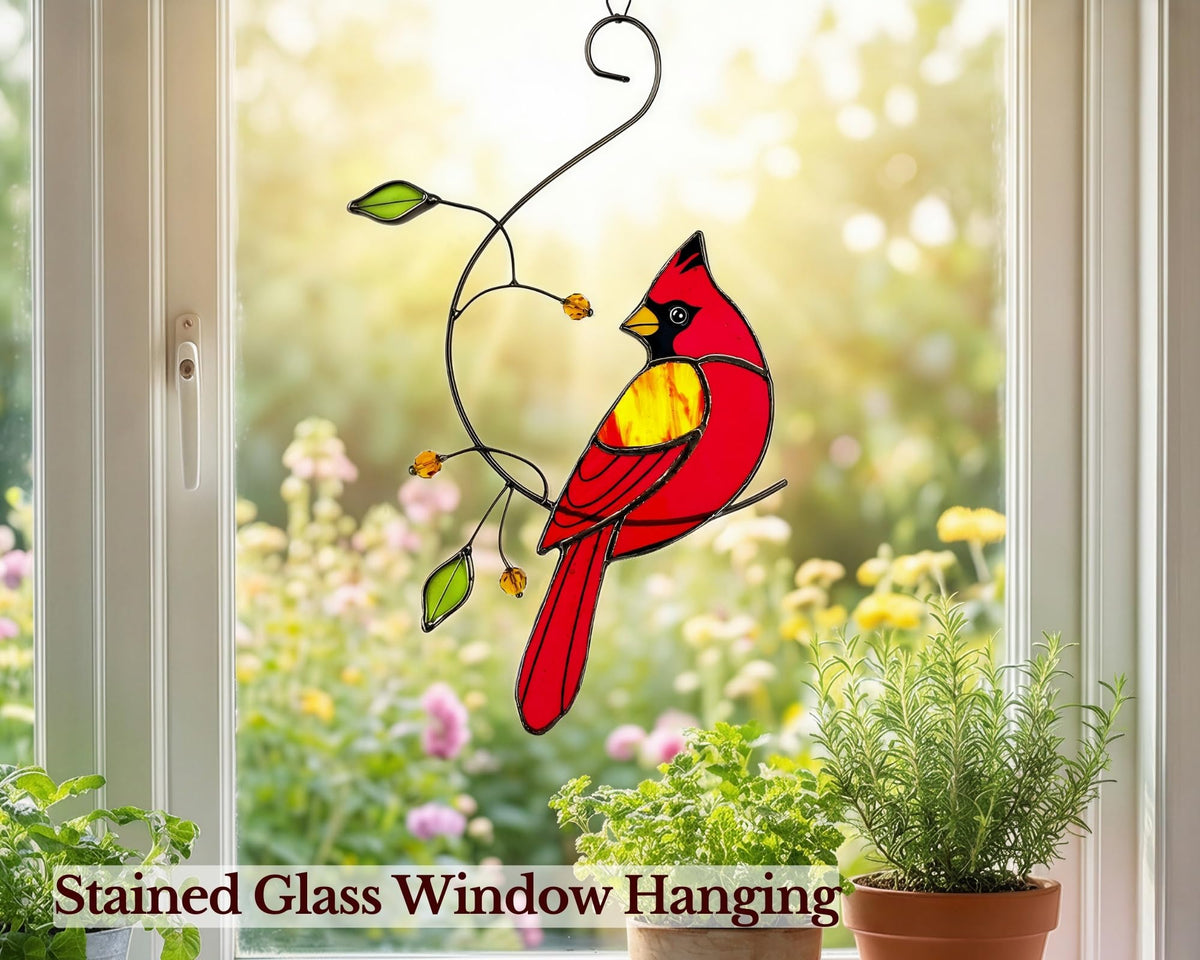 IriCrist red bird stained-glass display brightens any window with prismatic hues.