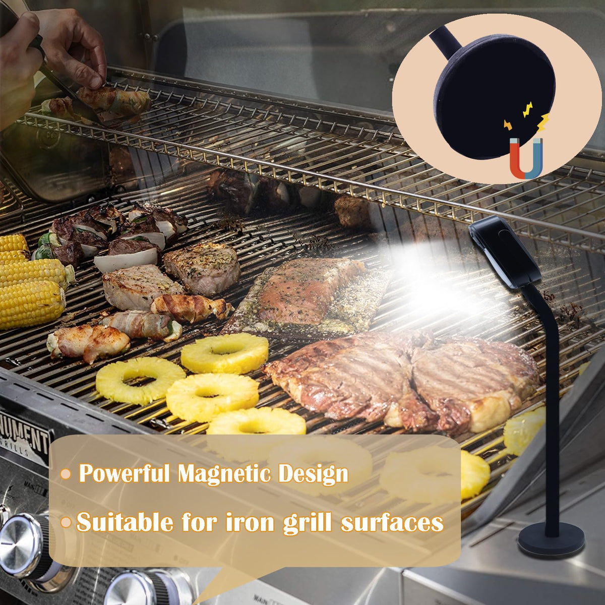 IriQuart grill light showing the flexible 360-degree gooseneck for precise beam placement.