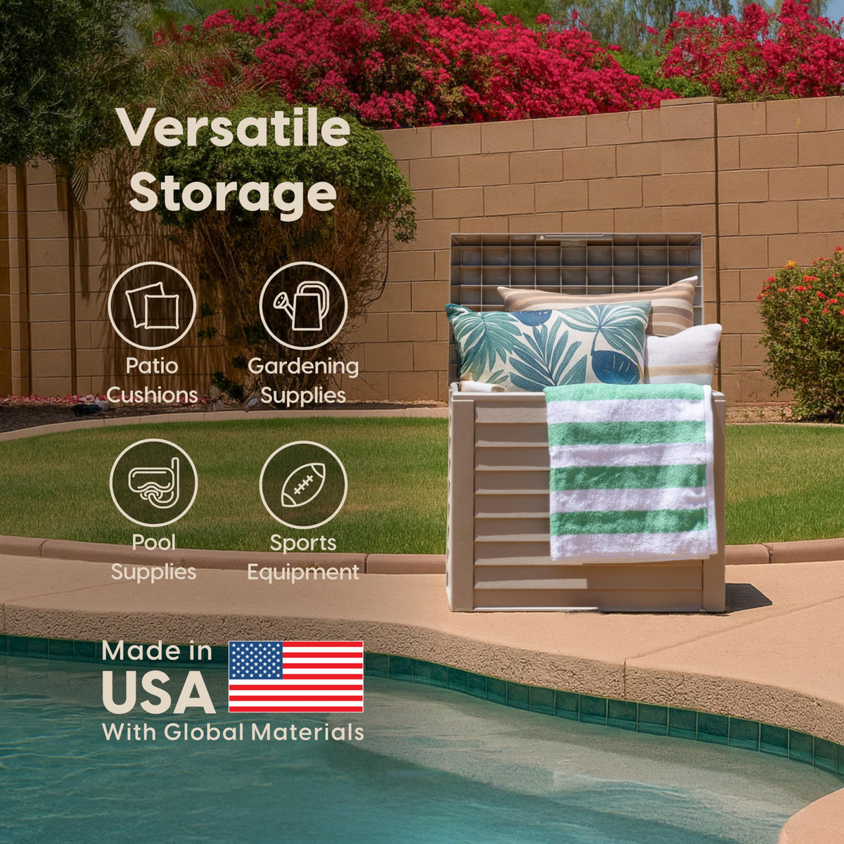 IRIS USA 35-Gallon outdoor deck box beige-wood-texture blends with outdoor decor