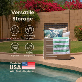 IRIS USA 35-Gallon outdoor deck box beige-wood-texture blends with outdoor decor