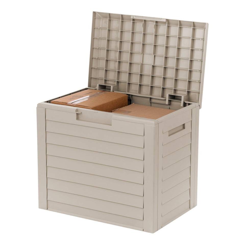 IRIS USA 35-Gallon outdoor deck box exterior reveals spacious, weatherproof storage for cushions and tools