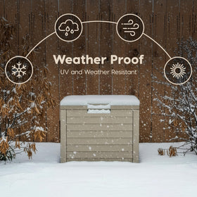 IRIS USA 35-Gallon outdoor deck box front-view features built-in padlock hole option