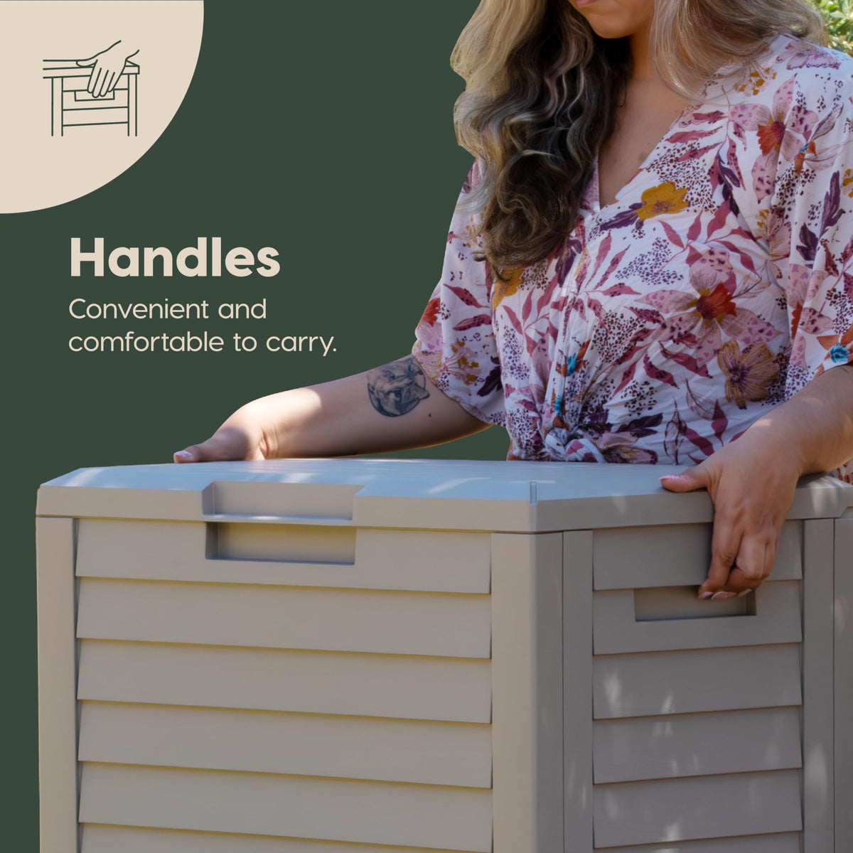 IRIS USA 35-Gallon outdoor deck box on-patio-with-cushions shows organized storage