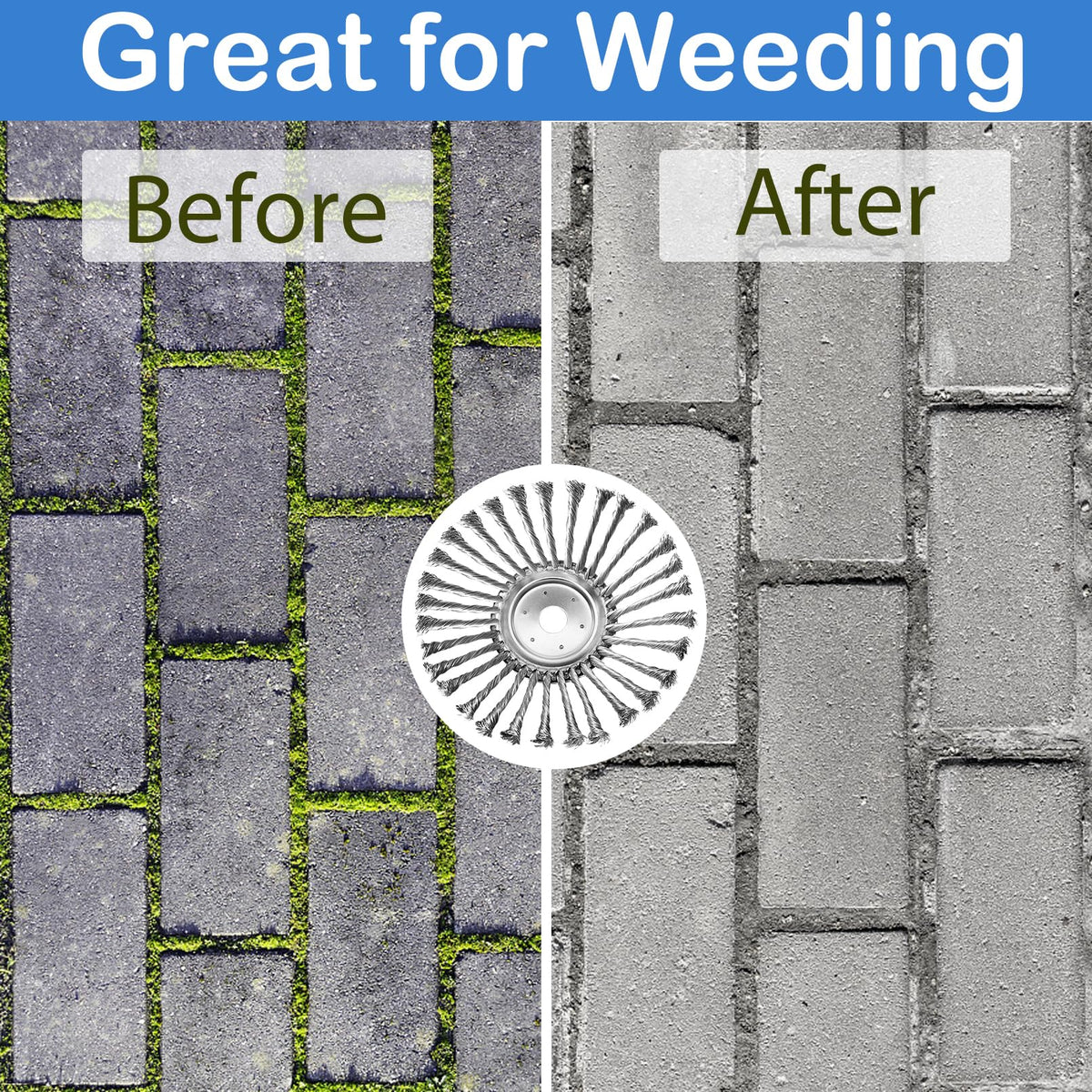 IRmm blade cutting through brick pavement with moss and rust removal.