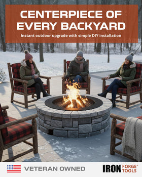 Iron Forge Tools fire pit ring installation shows a fixed, non-portable design.