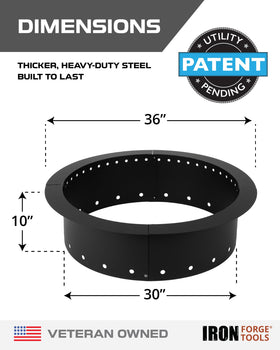 Iron Forge Tools smokeless firepit inner view emphasizes 30-inch ring for consistent flame.