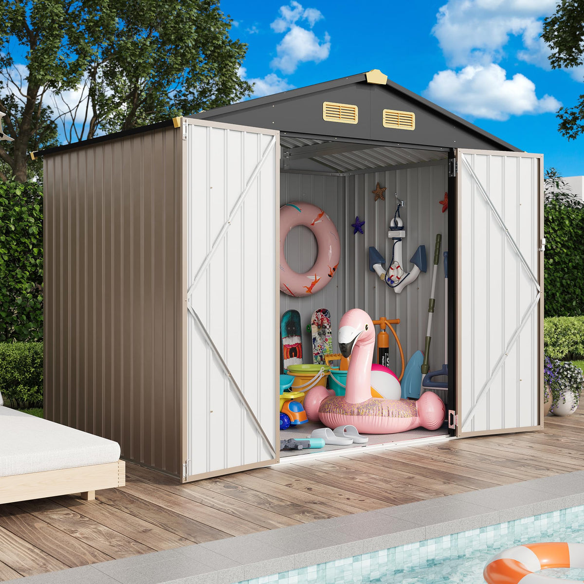 IRONCK 8x6ft outdoor storage shed assembly guide image assists quick setup.