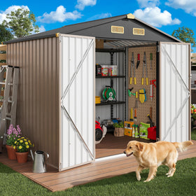 IRONCK 8x6ft outdoor storage shed front doors show secure, easy-access tool organization.