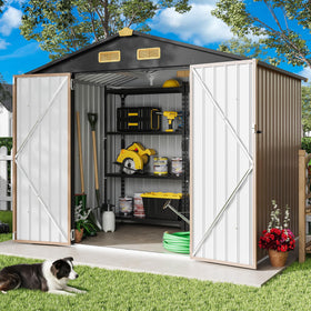 IRONCK 8x6ft outdoor storage shed side view highlights roomy interior for bikes and gear.