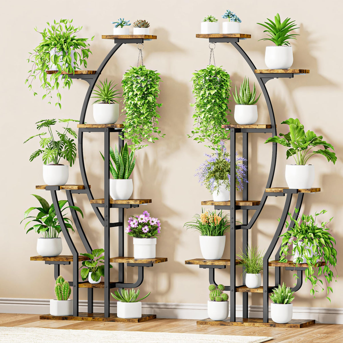 IRONCK sturdy iron-frame shelves provide durable storage for plants and decor.