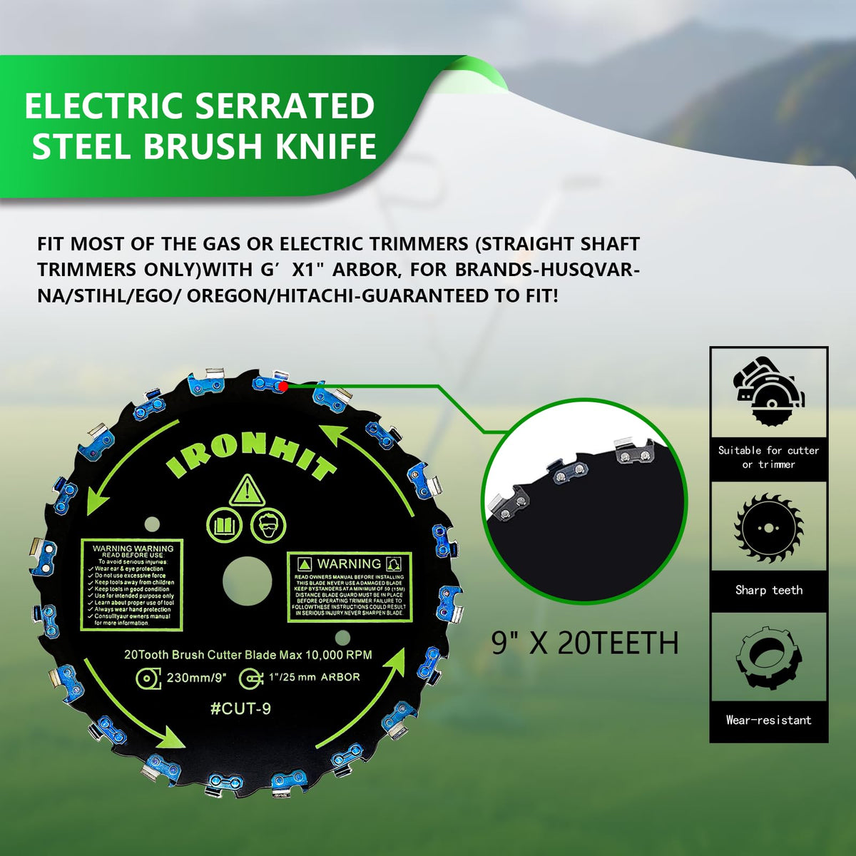 IRONHIT 3-pack blades show sharp teeth for durable cutting through brush
