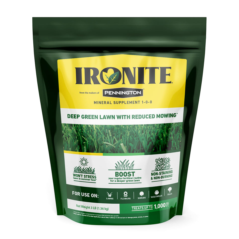 Ironite II mineral lawn supplement bottle promotes deep green lawn with controlled growth