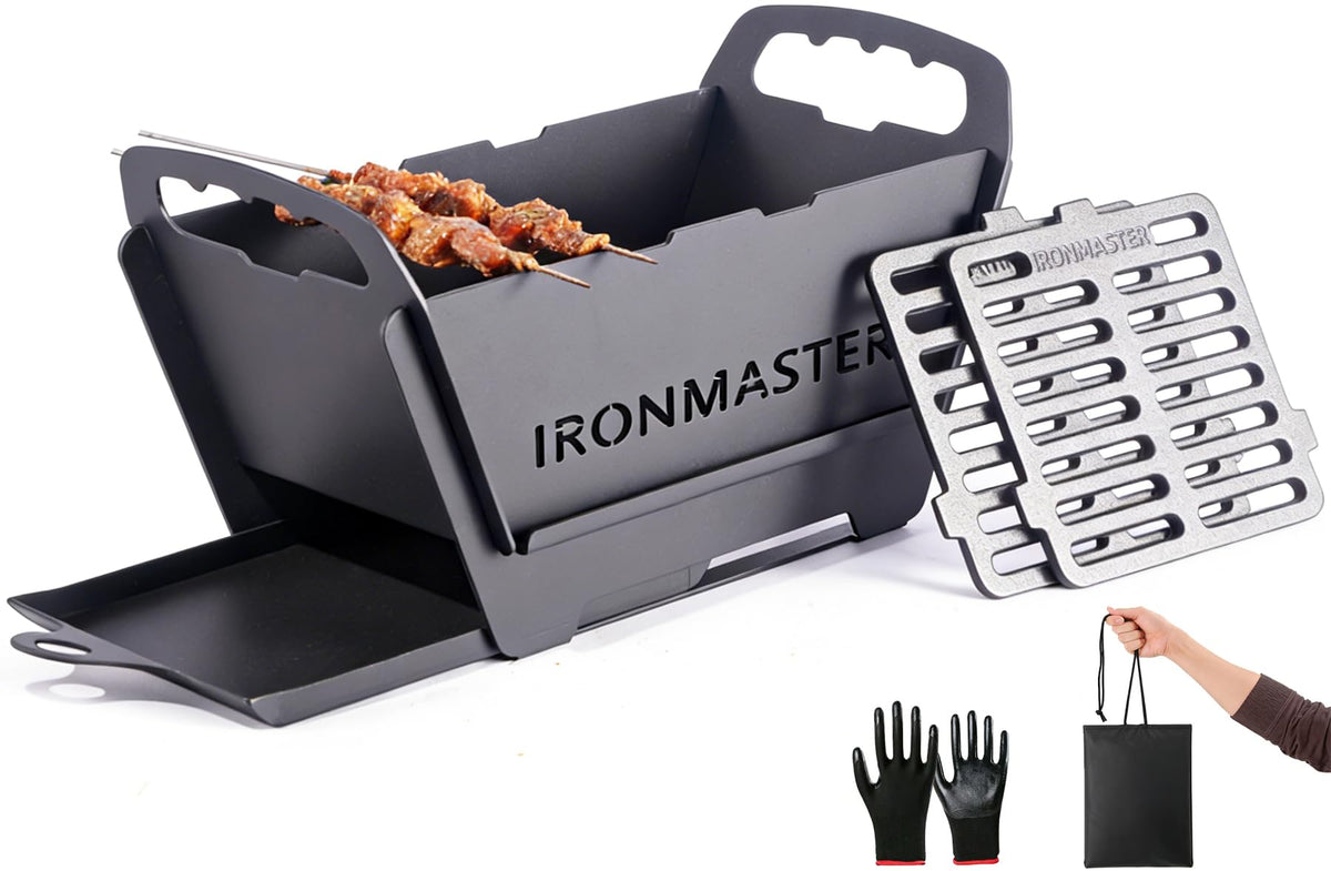 IronMaster portable foldable hibachi grill for easy camping meals.