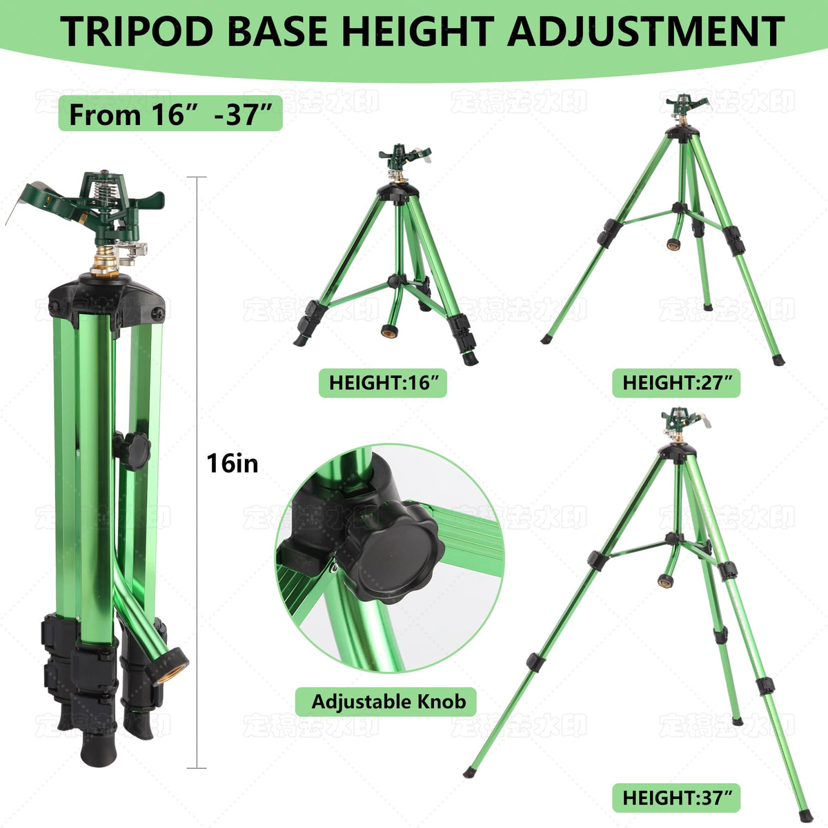 IrrStpro Green Zinc Alloy Tripod Base offers stable outdoor support during watering.