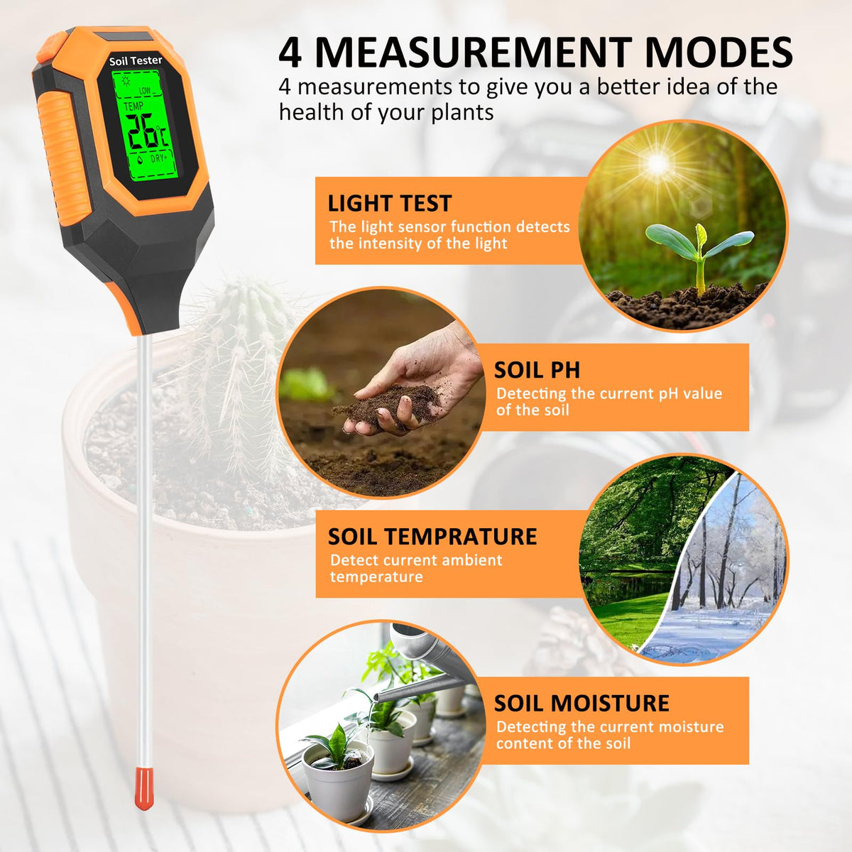 IRTOV 4-in-1 meter shows pH, moisture, and temperature readings clearly
