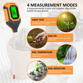 IRTOV 4-in-1 meter shows pH, moisture, and temperature readings clearly