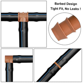 iRunning barbed end tees with durable plastic construction for outdoor irrigation.