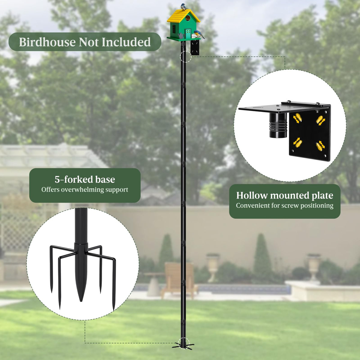 ISENLAND universal mounting plate fits most standard birdhouses and feeders.