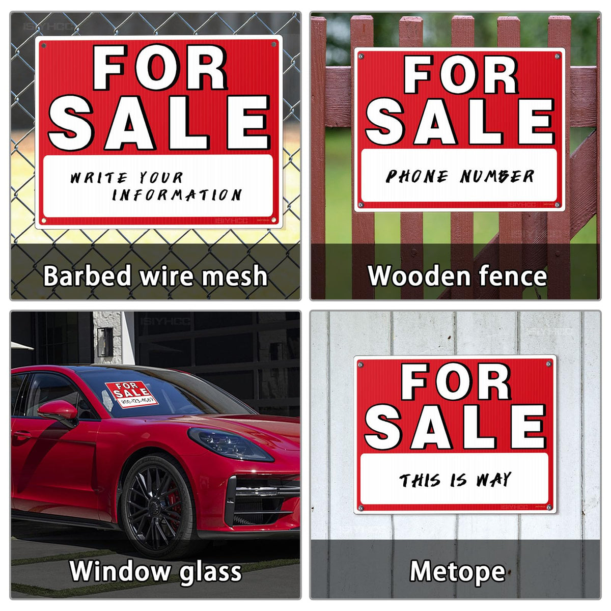 ISIYHCC for sale sign car 14x10 back window shows double-sided exposure.