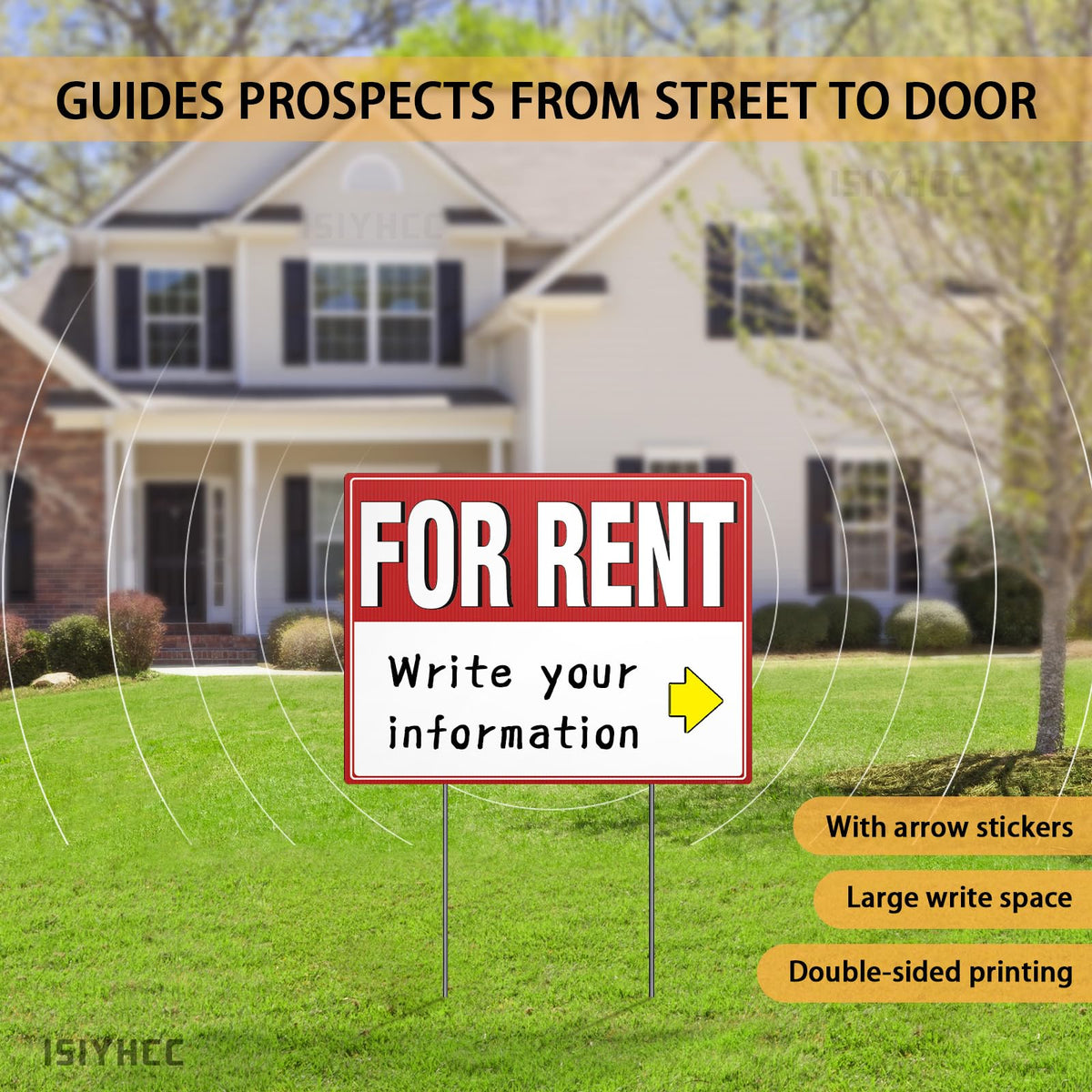 ISIYHCC rent sign back view demonstrates double-sided visibility for day and night inquiries