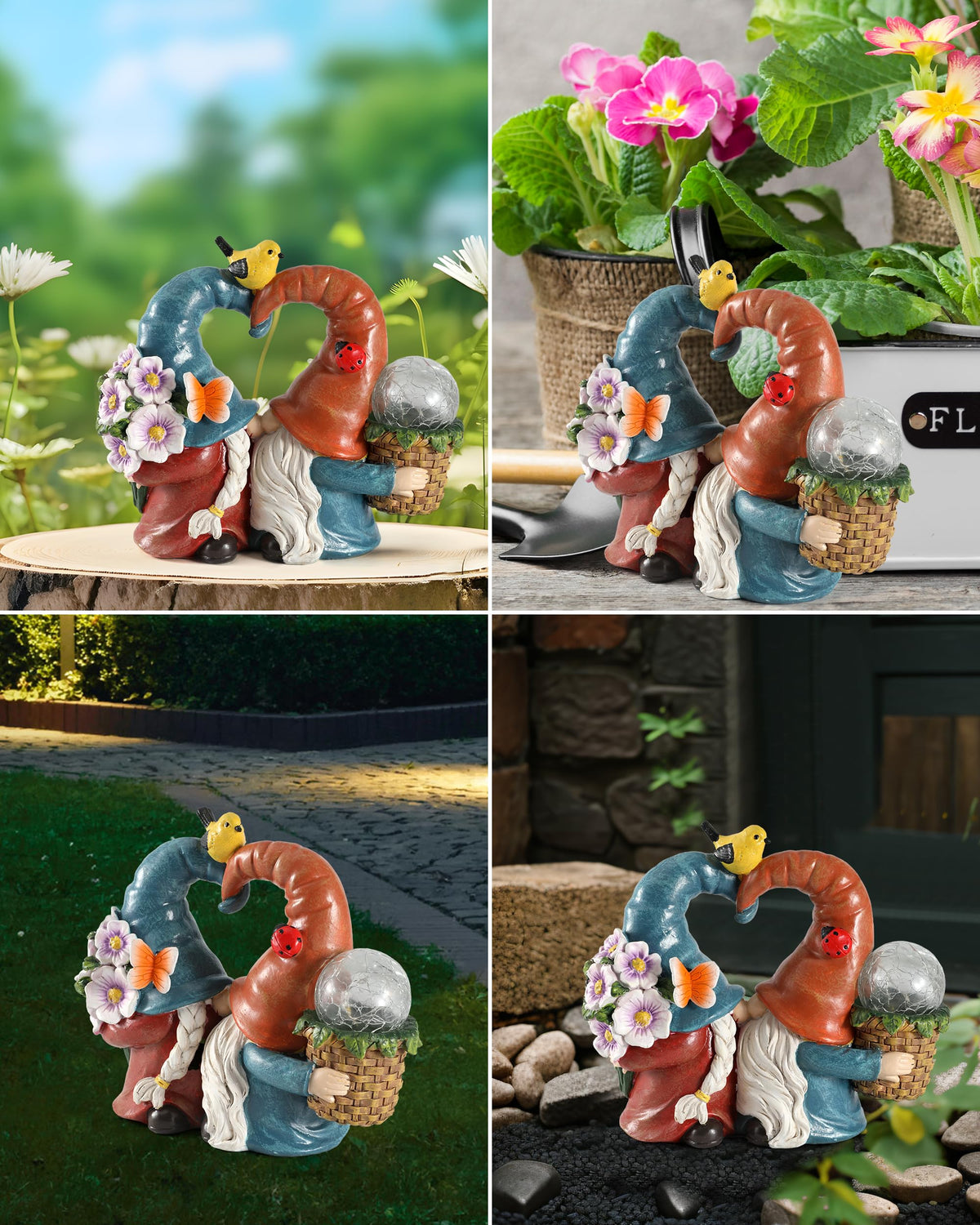 iStatue LED lighting illuminates the gnomes at dusk for a cozy ambiance.