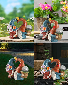 iStatue LED lighting illuminates the gnomes at dusk for a cozy ambiance.