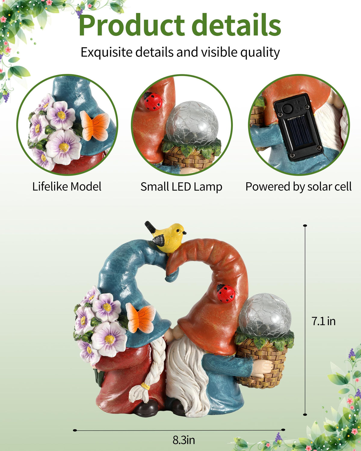 iStatue bright yellow bird companion adds whimsy beside kissing gnomes.
