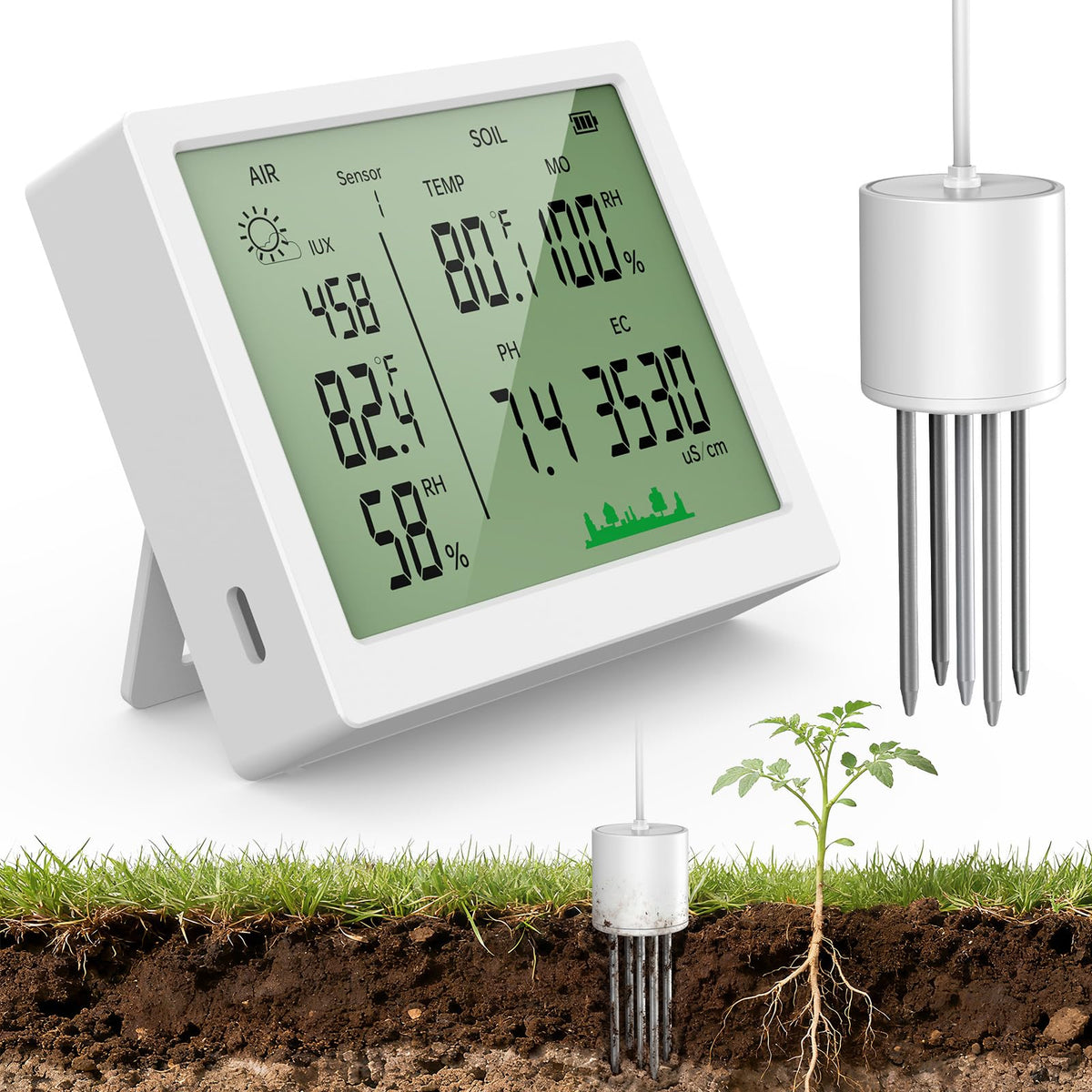 ISyncPlug 7in1 soil meter dashboard shows pH, light and moisture at a glance