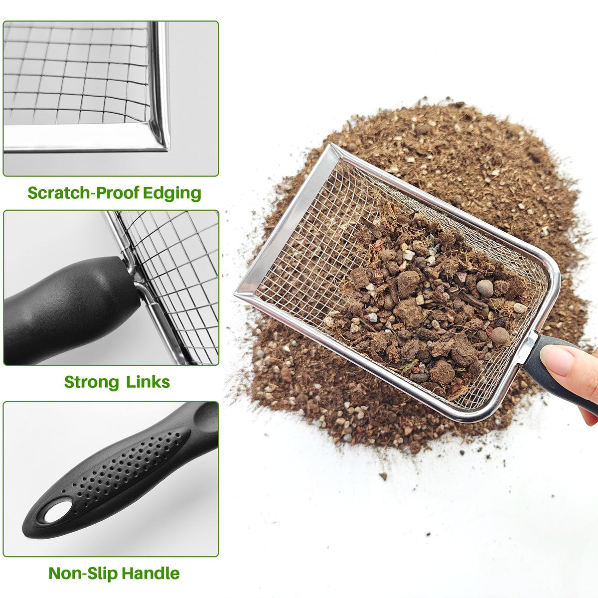 ISYOKE sifter mesh close-up shows 3.8mm openings for finer sorting in soil.