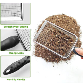 ISYOKE sifter mesh close-up shows 3.8mm openings for finer sorting in soil.