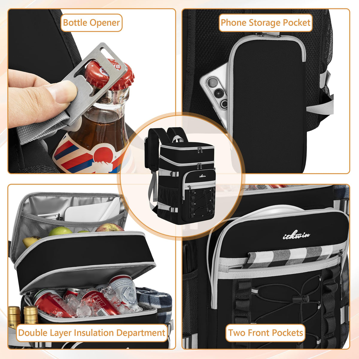 Built-in bottle opener on shoulder strap for quick refreshments