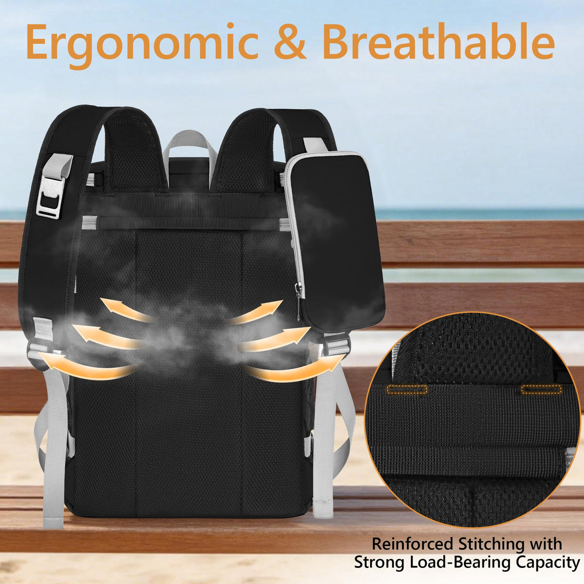 Ergonomic back panel and padded straps reduce fatigue