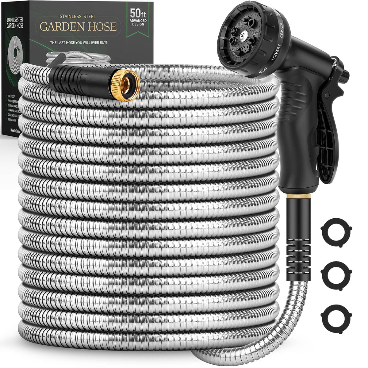 Itsonestep Garden Hose 50ft metal body delivers durable, rust-free watering for yards.