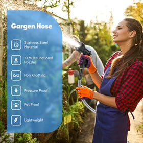 Itsonestep Garden Hose 50ft with 10-function nozzle for versatile watering choices.