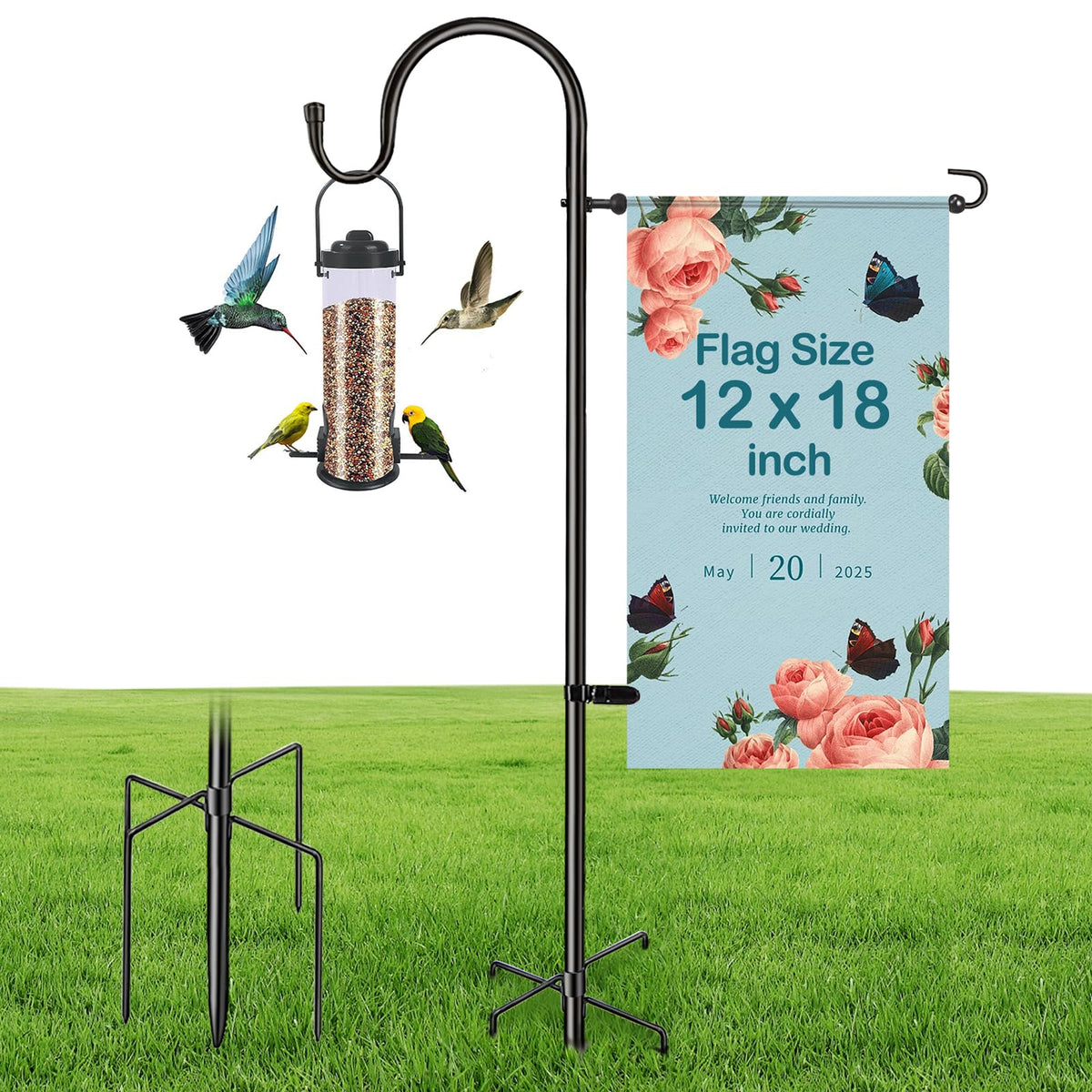 IVOODi 5-prong base provides stable garden flag stand on uneven ground.