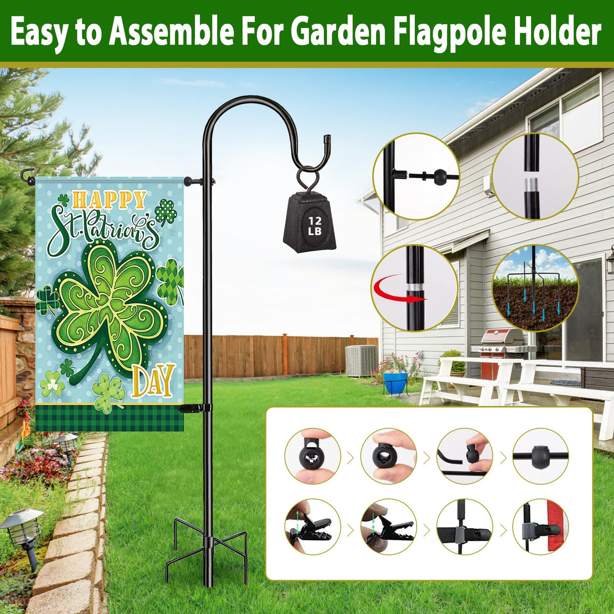 IVOODi dual shepherd hooks hold flags, wind chimes, or feeders up to 10 lbs.