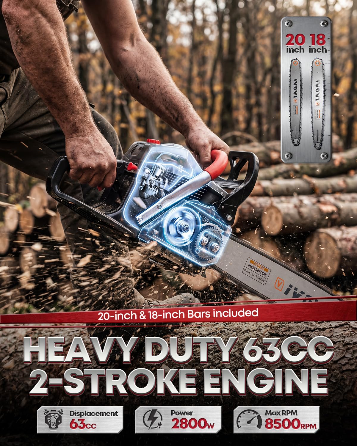 IVOVI 63CC chainsaw Easy-Start recoil enables quick ignition.