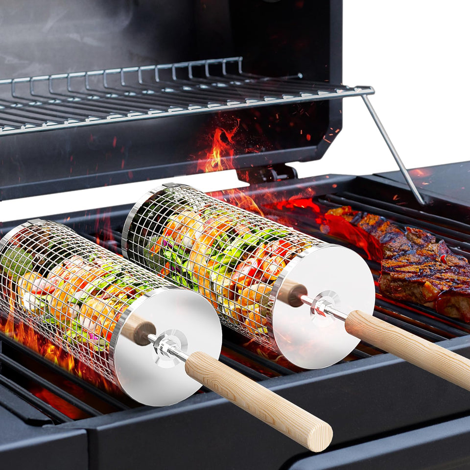 Ivtivfu rolling grill basket with removable wooden handle for safe grilling.