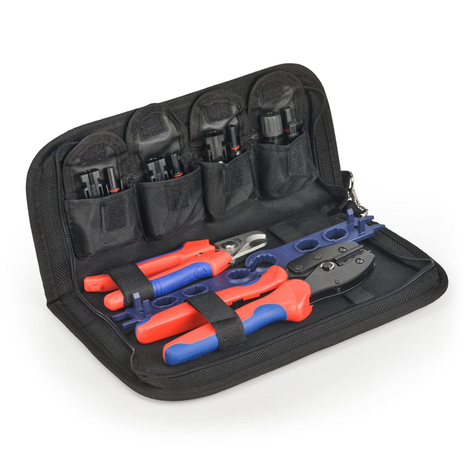 IWISS iCrimp solar panel crimping tool kit in action for quick connections.