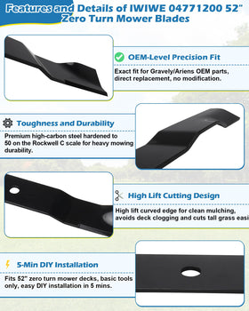 IWIWE 52-inch direct replacement blade aligns with OEM specs for Gravely and Ariens