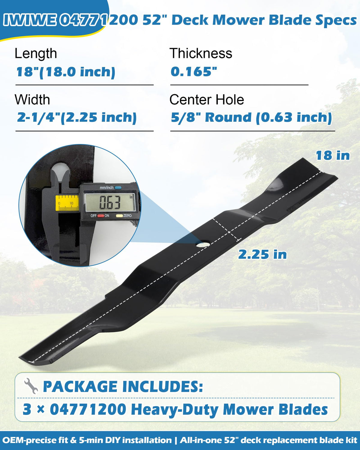IWIWE blades geometry detail shows exact 52 inch size for precise fit