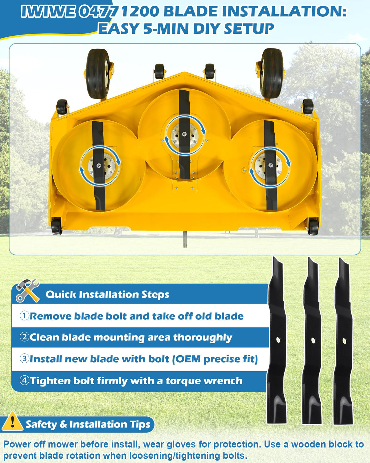 IWIWE spiral-edge blade detail supports clean cuts and efficient mulching