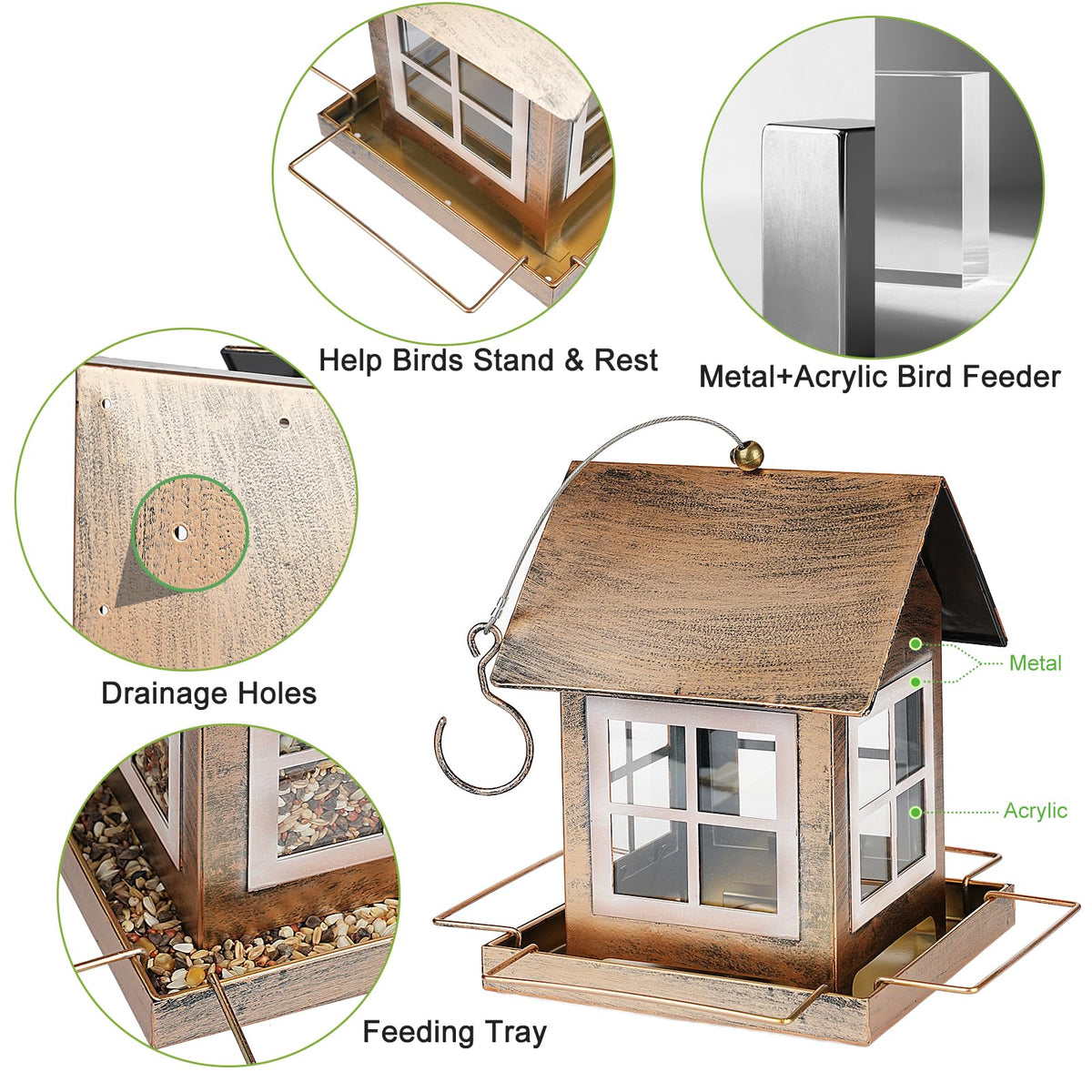 IWNTWY weatherproof bird feeder resists rain, keeping seeds dry.